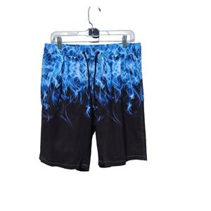 NWT SILKWORLD Men's Size M Swim Trunks Blue Flame Board Shorts Mesh Lined 9"